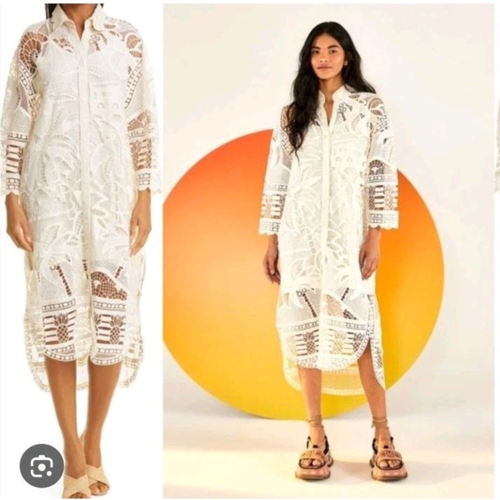 Farm Rio Womens Off White Guipure Lace Long Sleeve Midi Shirt Dress Size (P) S